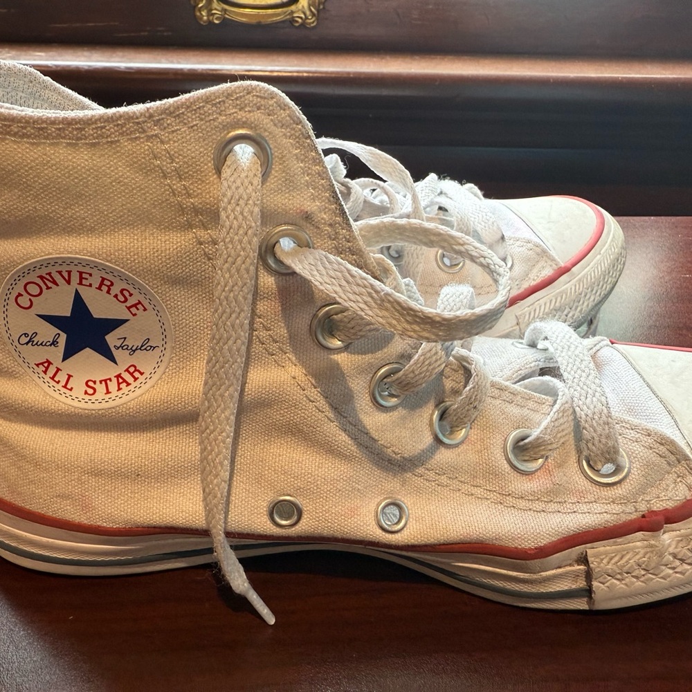 Converse Kids White Canvas High Top Sneakers with Red Trim and Blue Star Logo